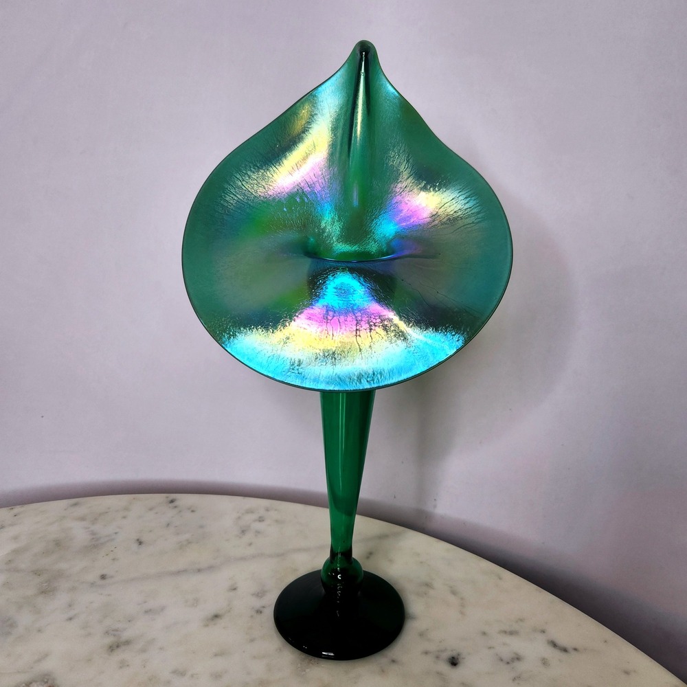 Strini Signed Jack in Pulpit Vase Iridescent Green Flower 14" Studio Art Glass